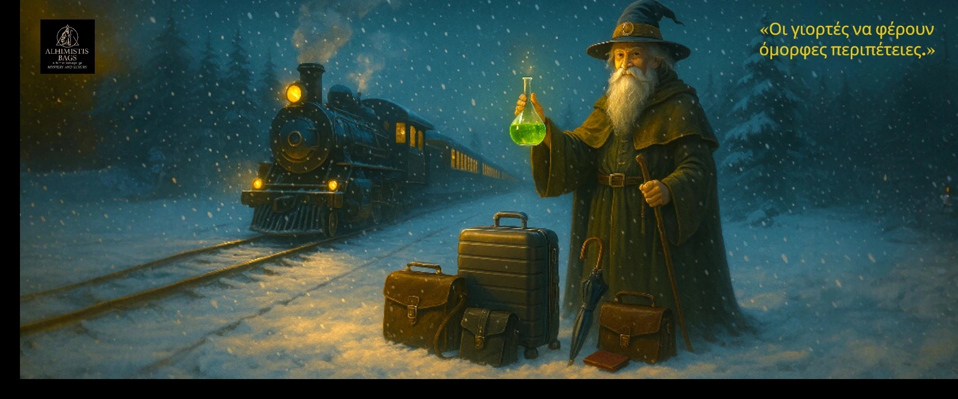 Μαγικό χειμωνιάτικο σκηνικό ταξιδιού με τρένο, βαλίτσες και αλχημιστή