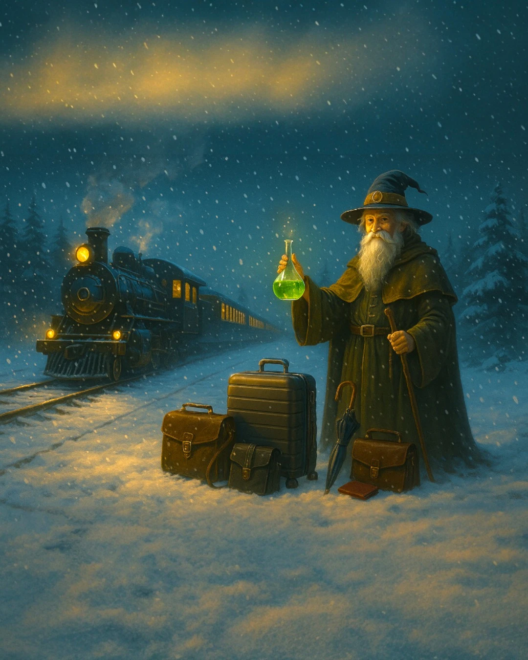 Μαγικό χειμωνιάτικο σκηνικό ταξιδιού με τρένο, βαλίτσες και αλχημιστή