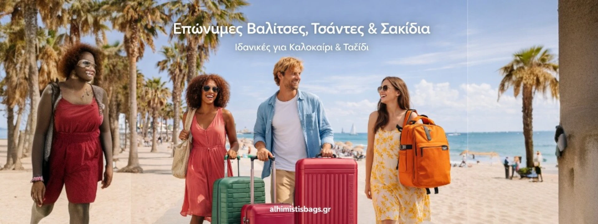 Καλοκαιρινό banner alhimistisbags.gr με ταξιδιώτες και επώνυμες βαλίτσες, τσάντες και σακίδια