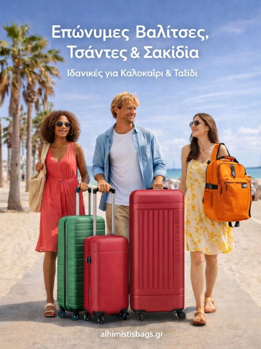 Καλοκαιρινό mobile banner alhimistisbags.gr με επώνυμες βαλίτσες, τσάντες και σακίδια