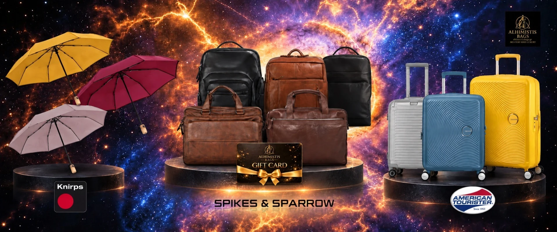 Βαλίτσες American Tourister, δερμάτινες τσάντες Spikes & Sparrow και ομπρέλες Knirps